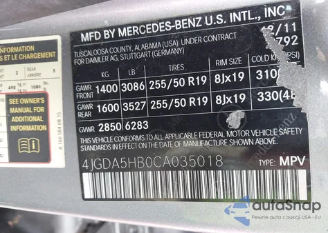 2012 Mercedes-Benz Ml 350 4Matic z USA, uszkodzony, nr VIN 4JGDA5HB0CA035018